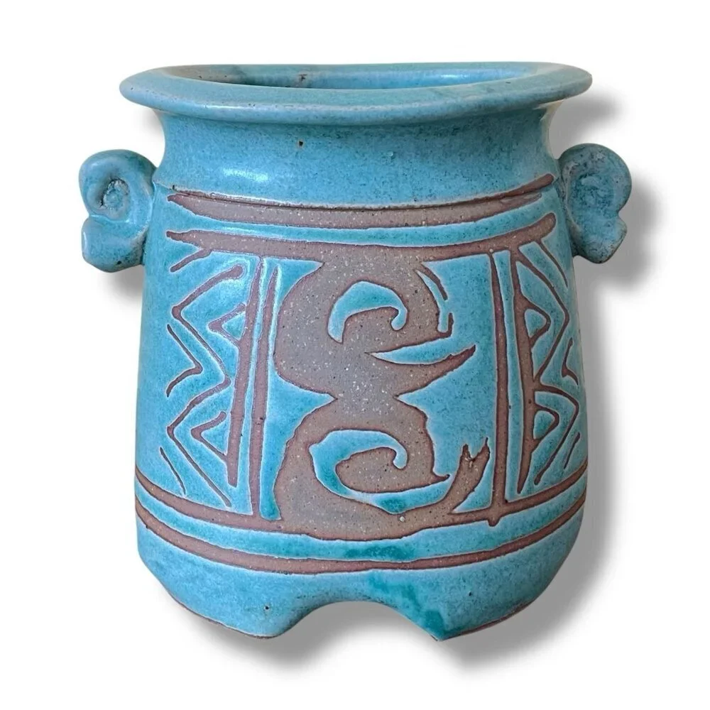 VIntage Studio Art Pottery Vase Signed Maureen Mills Blue Green Footed Base